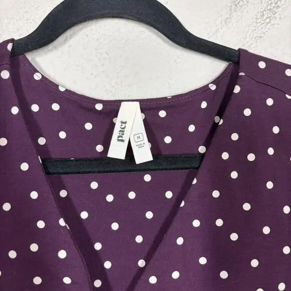 Pact Medium Fit & Flare Faux Wrap Dress Purple Polka Dot Belted Long Sleeves - Picture 9 of 11